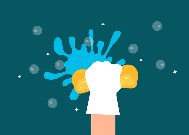 Graphic of a hand in rubber glove cleaning with a sponge, water and bubbles.